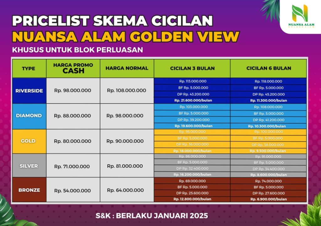 pricelist skema cicilan goldenview